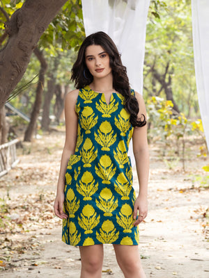 Mini shift dress with big pocket detail with IKKAT butti in teal blue and yellow