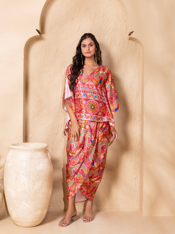 Kaftan Top with Dhoti Skirt in Border Coral Gujrati Print
