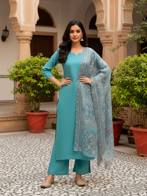 Straight kurta with Palazzo and Dupatta in Sea Green