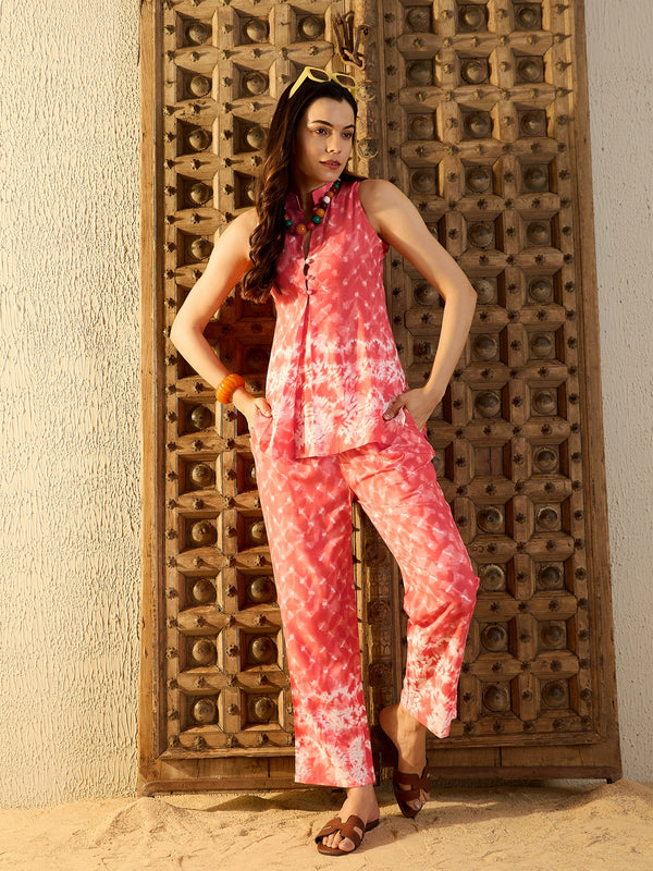 Sleeveless Box Pleat Top with Pants Co-Ord Set in Peach Tie & Dye