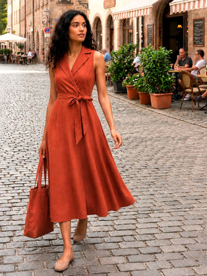 Pure Cotton Fit and Flare midi dress with knotch collar in Rust