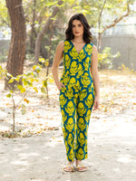 Waist Coat and Pants with IKKAT butti in teal blue and yellow