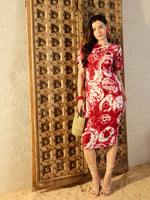 Pencil Fit Midi Dress in Maroon Tie & Dye
