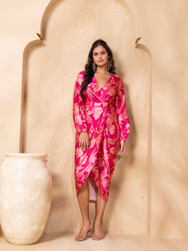 Overlap neck Tulip midi Dress in Pink floral Print