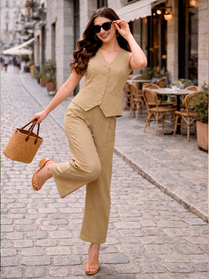 Pure Cotton Waist Coat with Pants in Beige