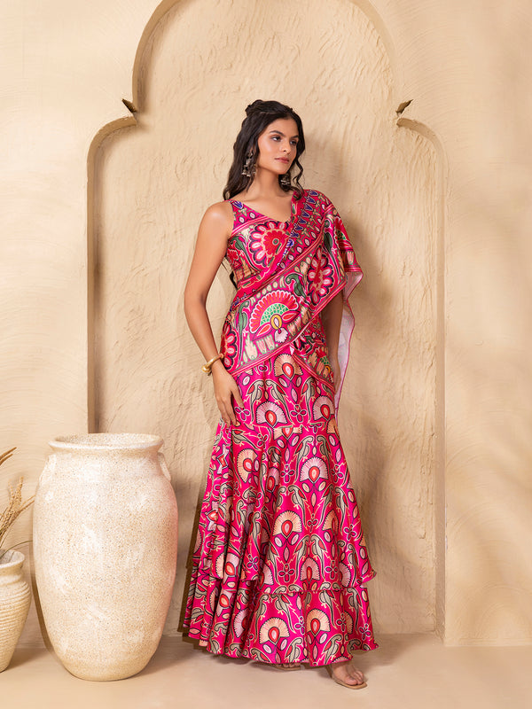 Pre-Draped Double layer Sarree with Blouse in Border Pink Gujrati Print