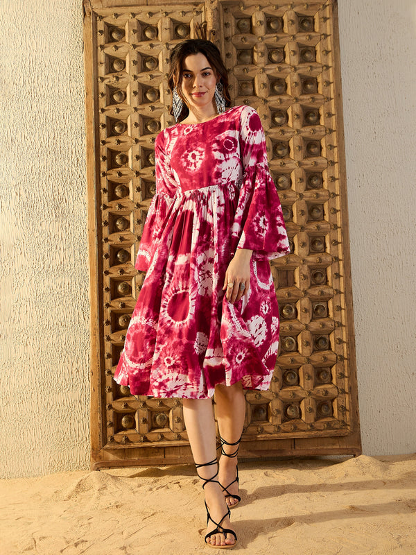 Bell Sleeve Midi Dress in Maroon Tie & Dye
