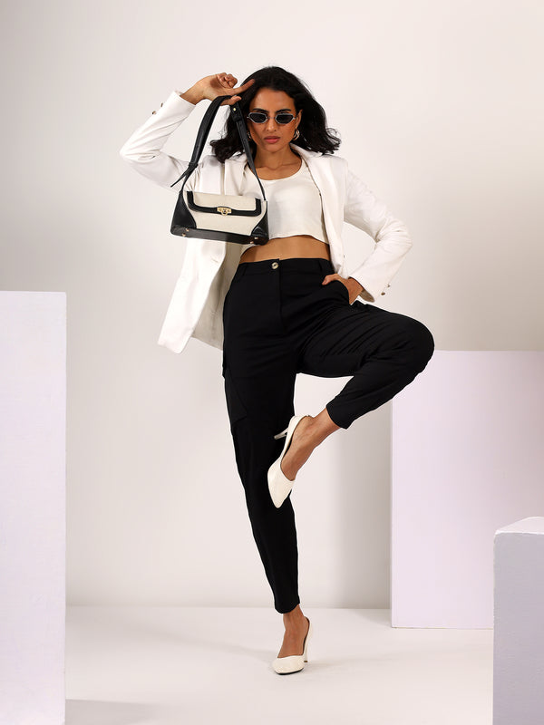 Tapered Cargo Stretchable COTTON LYCRA Trouser in Black