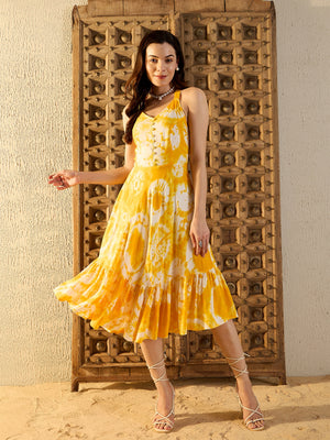Strappy Layered Midi Dress in Yellow Tie & Dye