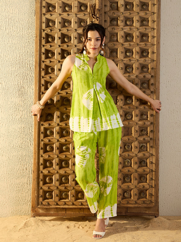 Sleeveless Box Pleat Top with Pants Co-Ord Set in Lime Green Tie & Dye