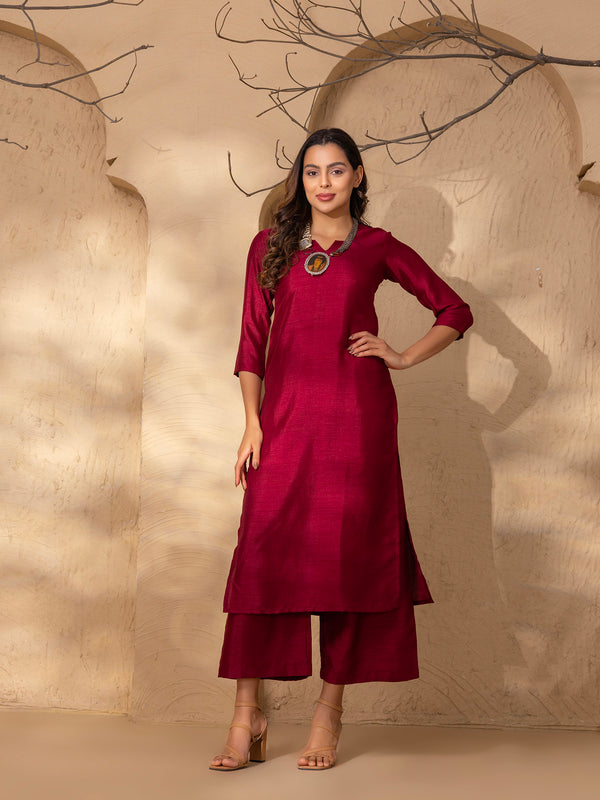 Staright Kurta with ankle palazzo in Maroon Silk