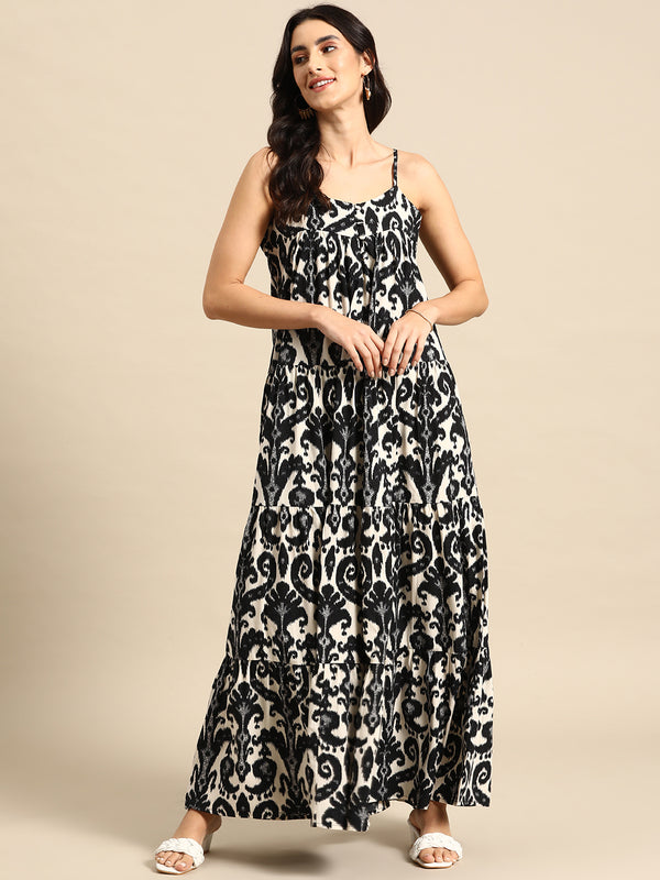 Tiered maxi Dress in Black and Cream Ikkat Print
