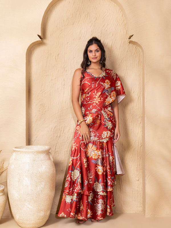 Pre-Draped Double layer Sarree with Blouse in Rust Floral Print