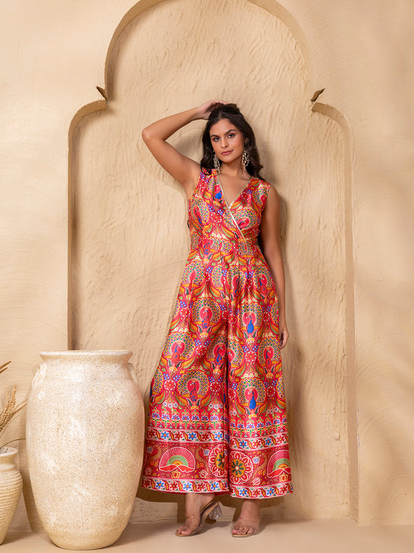 Overlap neck Wide Legged jumpsuit in Border Coral Gujrati Print