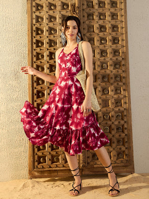 Strappy Layered Midi Dress in Maroon Tie & Dye