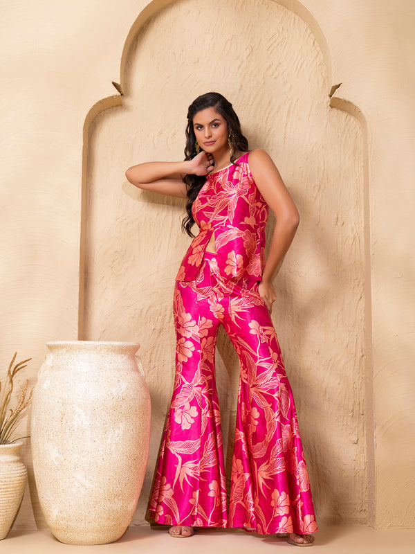 Peplum Sleeveless top with Kalidar Pants in Pink floral Print