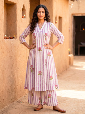 Flared Kurta with Palazzo in stripes with wild flowers