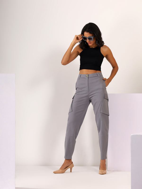 Tapered Cargo Stretchable COTTON LYCRA Trouser in Grey