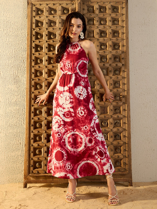 Tie up neck with tassels Maxi Dress in Maroon Tie & Dye