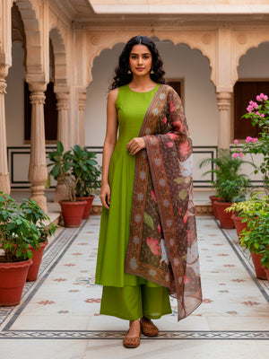 Sleeveless A line suit with Palazzo and Dupatta in Green