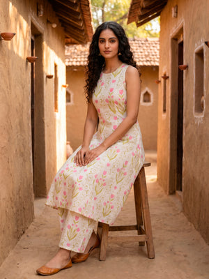 Flared sleeveless kurta with Palazzo in all over floral print