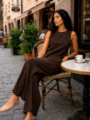 Pure Cotton Peplum top with flare pants in brown