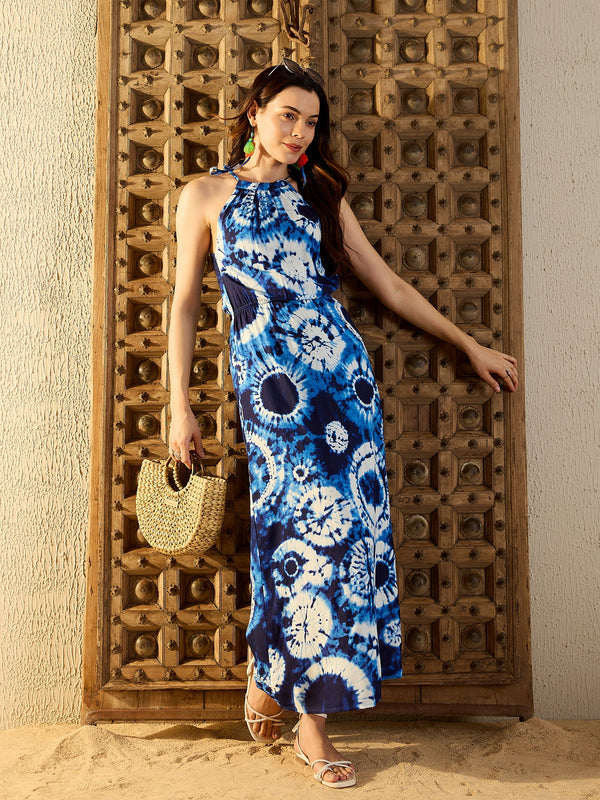 Tie up neck with tassels Maxi Dress in Blue Tie & Dye