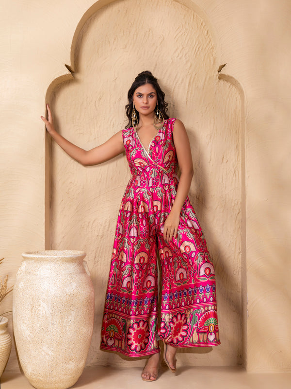 Overlap neck Wide Legged jumpsuit in Border Pink Gujrati Print