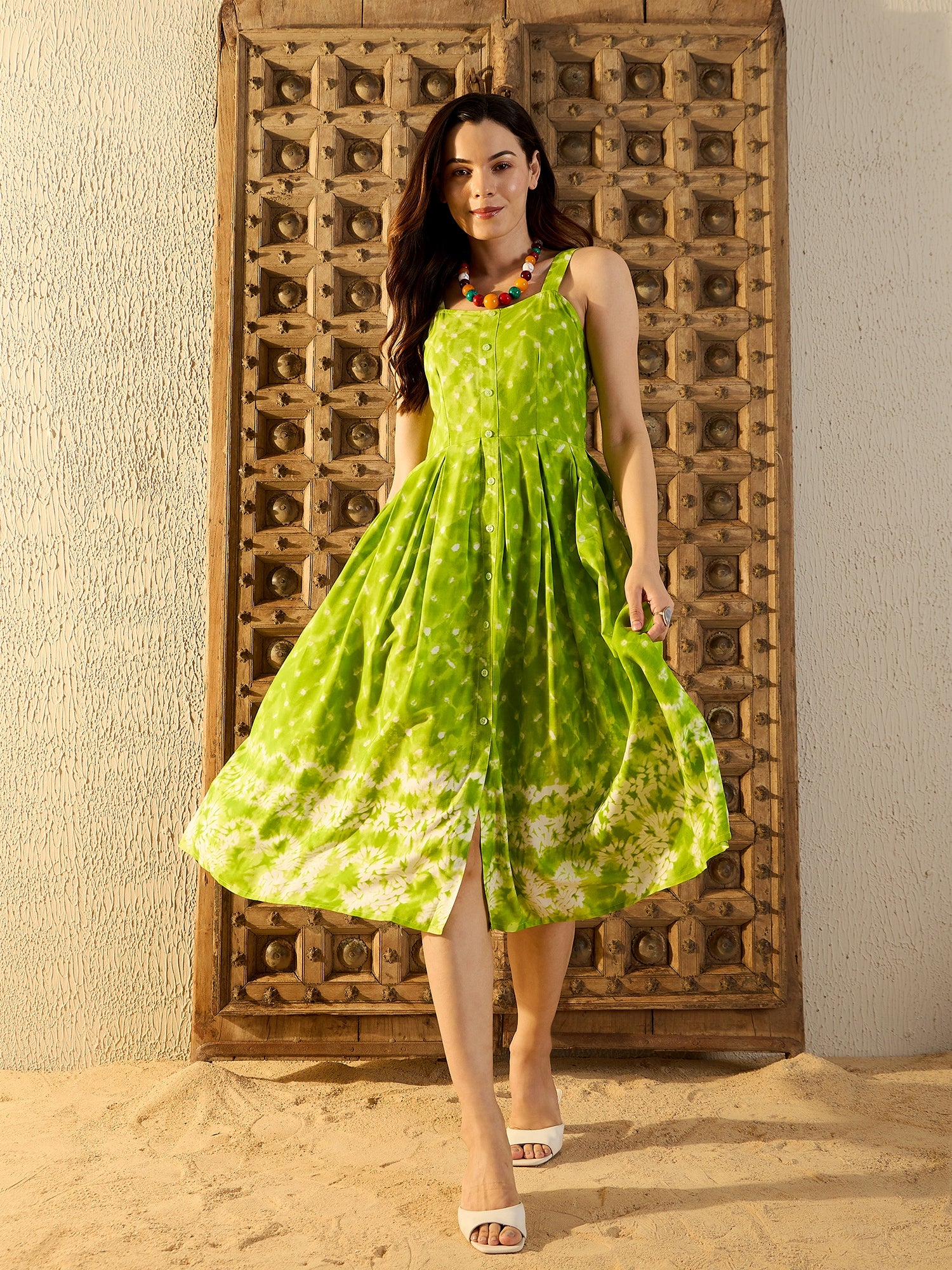 Strappy Box Pleat Midi Dress in Lime Green Tie & Dye