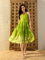 Strappy Box Pleat Midi Dress in Lime Green Tie & Dye