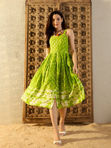 Strappy Box Pleat Midi Dress in Lime Green Tie & Dye