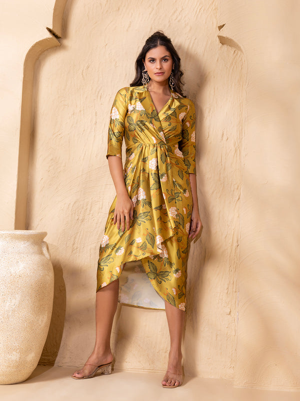Shirt Dress with front Drape in Lime Green Grape Print