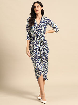 Shirt Dress with front Drape in Blue Ikkat Print
