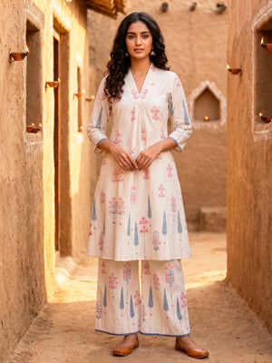 Flared Kurta with Palazzo in block print border