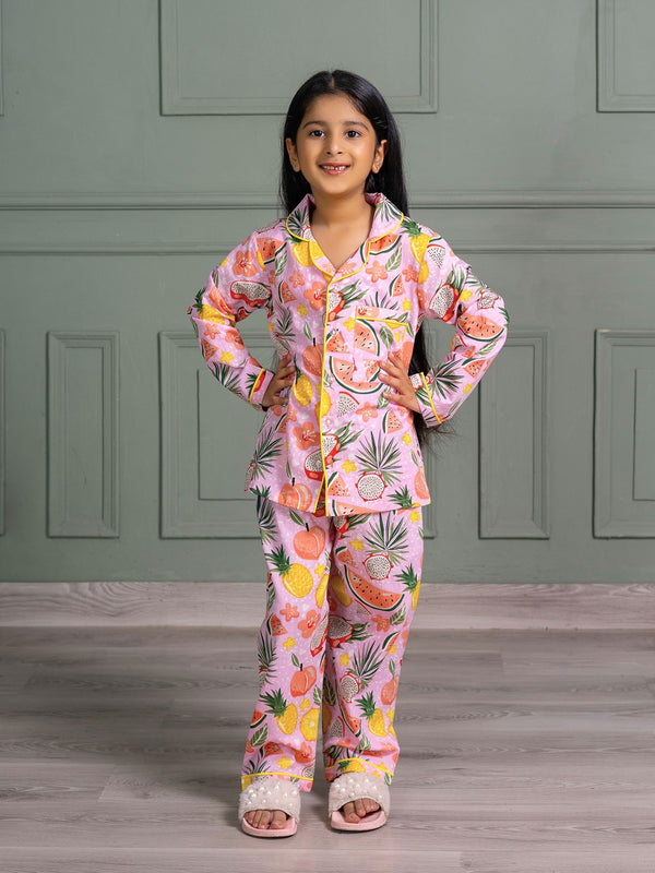 Kids Unisex Nightsuit Pyajamas & Shirt in Pink Mix Fruit  Print