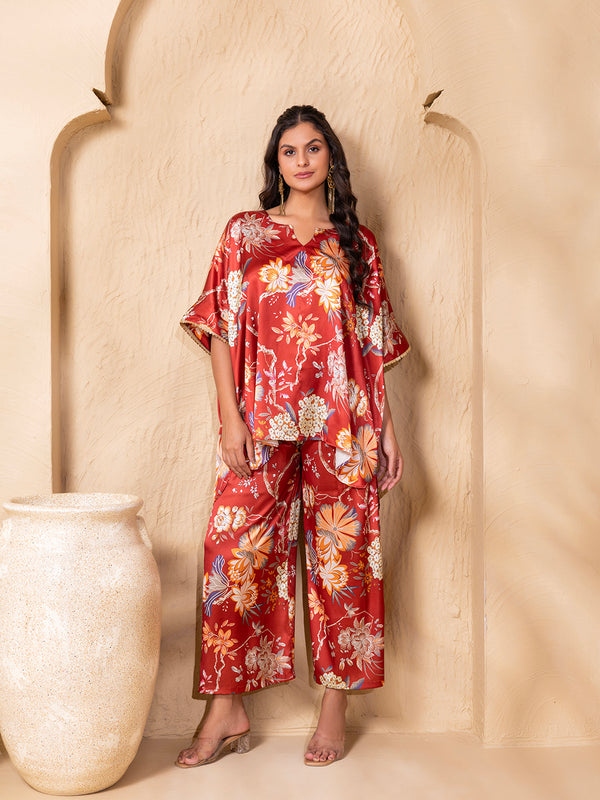 Anti Fit Kaftan Top with Pants in Rust Floral Print