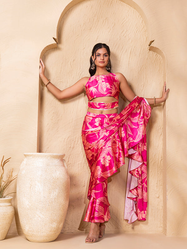 Pre-Draped Frill Sarree with Blouse in Pink floral Print