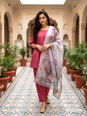 Short Flare kurta with farshi salwar and Dupatta in Dull Pink