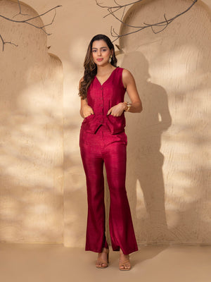 Waist Coat and Bell bottom Pants in Maroon Silk
