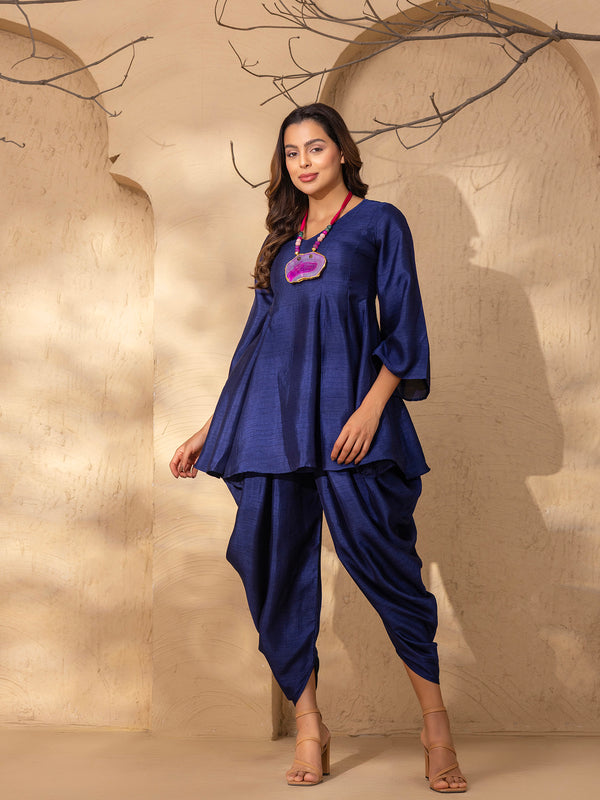 Flare bell sleeve kurta with dhoti  in Navy Blue Silk