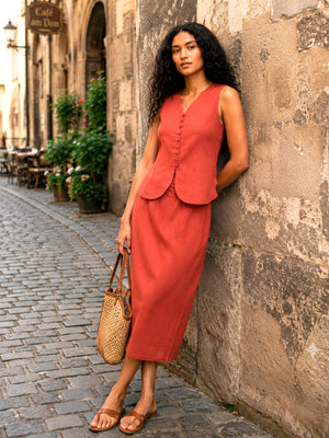 Round Waist Coat with fitted skirt in Rust