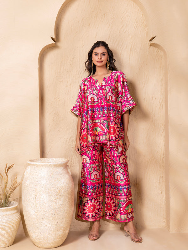 Anti Fit Kaftan Top with Pants in Border Pink Gujrati Print
