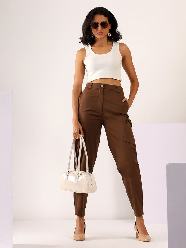 Tapered Cargo Stretchable COTTON LYCRA Trouser in Chocolate