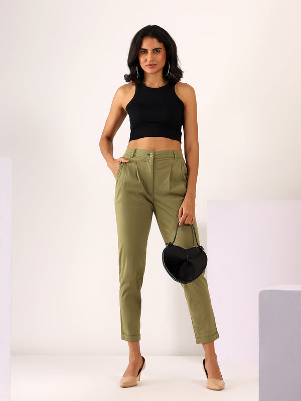 Tapered Pleated Stretchable COTTON LYCRA Trouser in Khaki Green
