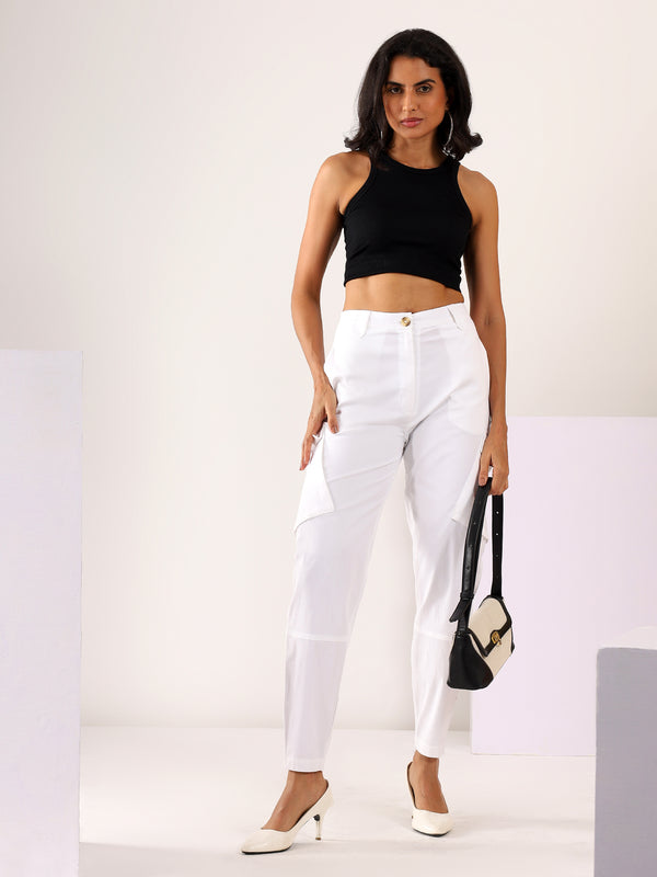 Tapered Cargo Stretchable COTTON LYCRA Trouser in White