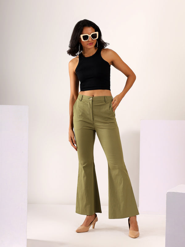Bootcut Stretchable COTTON LYCRA Trouser in Khaki Green