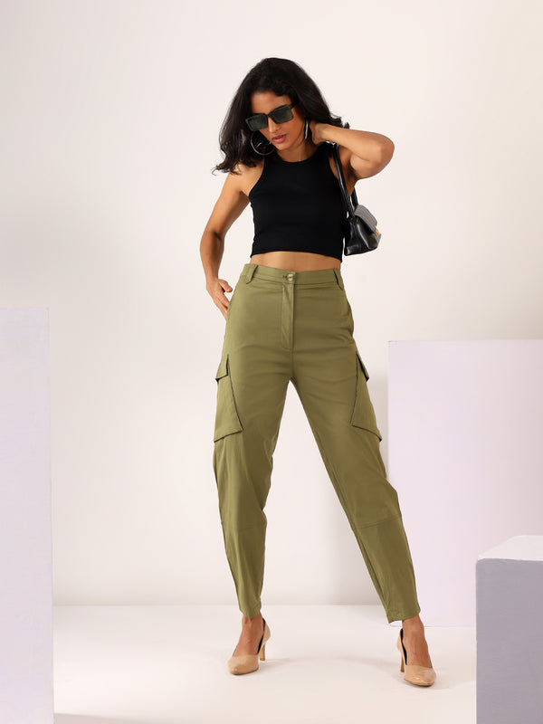 Tapered Cargo Stretchable COTTON LYCRA Trouser in Khaki Green