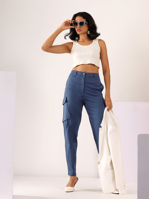 Tapered Cargo Stretchable COTTON LYCRA Trouser in Denim Blue