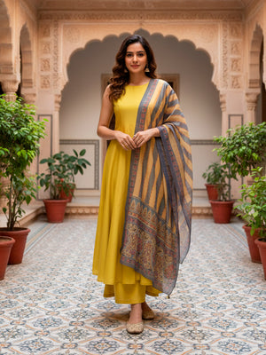 Sleeveless A line suit with Palazzo and Dupatta in Yellow