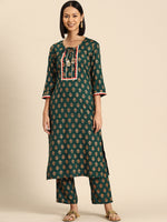Kurta Pyajama with gota work in Bottle Green Print